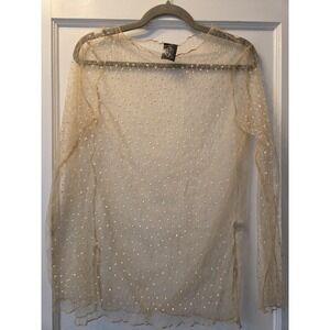 Beige Mesh Sequin Sheer Pullover Crew Neck Long Sleeve Women's Top XL